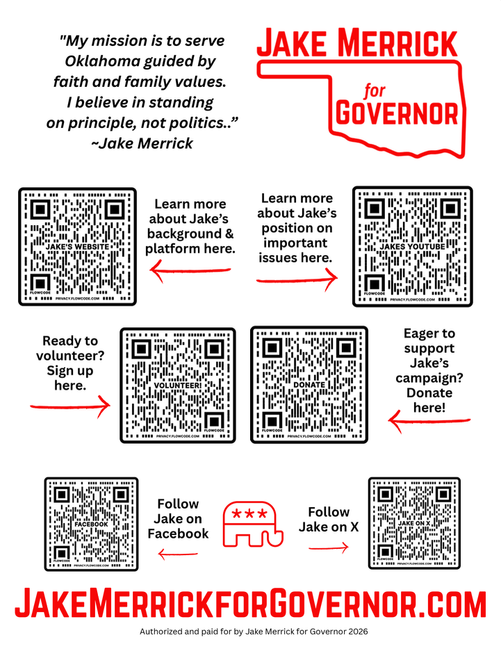 Jake Merrick Campaign Flyer 1 - Features campaign logo, quote, and QR codes for background, issues, volunteering, donations, and social media