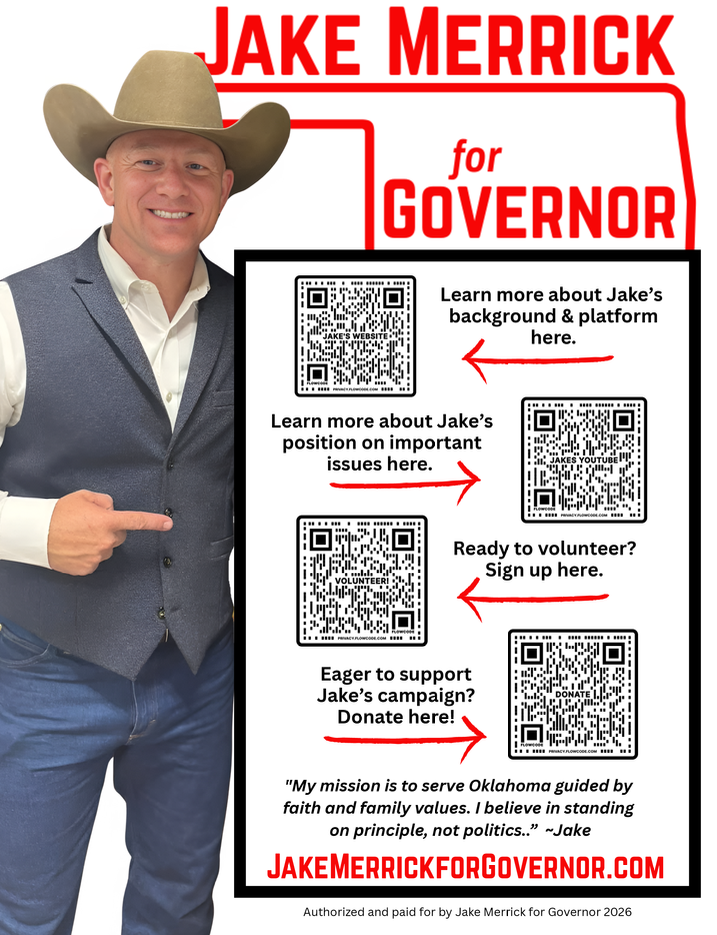 Jake Merrick Campaign Flyer 2 - Features Jake's photo in cowboy hat and business attire with QR codes for campaign information